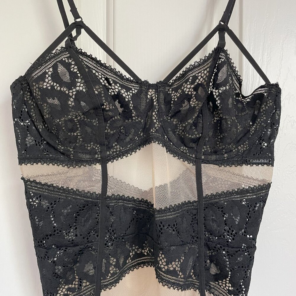Calvin Klein Tease Bodysuit, Black and Cream Lace, Size SMALL